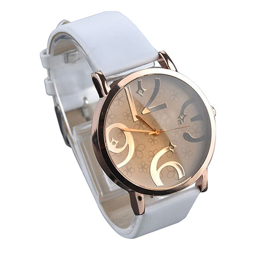 Women's Casual Flowers Big Numbers Dial Faux Leather Strap Quartz Wrist Watch