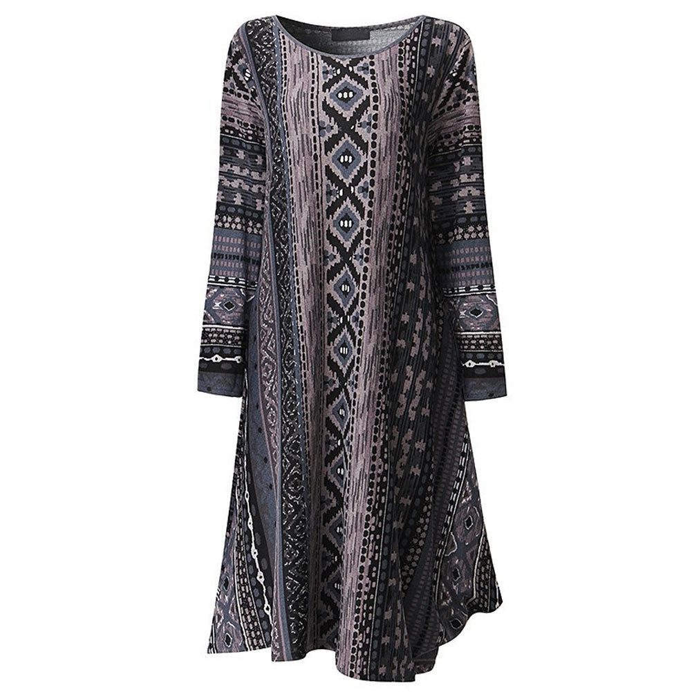 Retro Printed Round Neck Long Sleeve Irregular Women's Casual Loose Long Dress