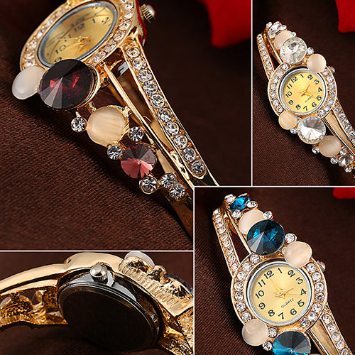 Women Retro Hollow Faux Opal Rhinestone Inlaid Cuff Bangle Wrist Watch