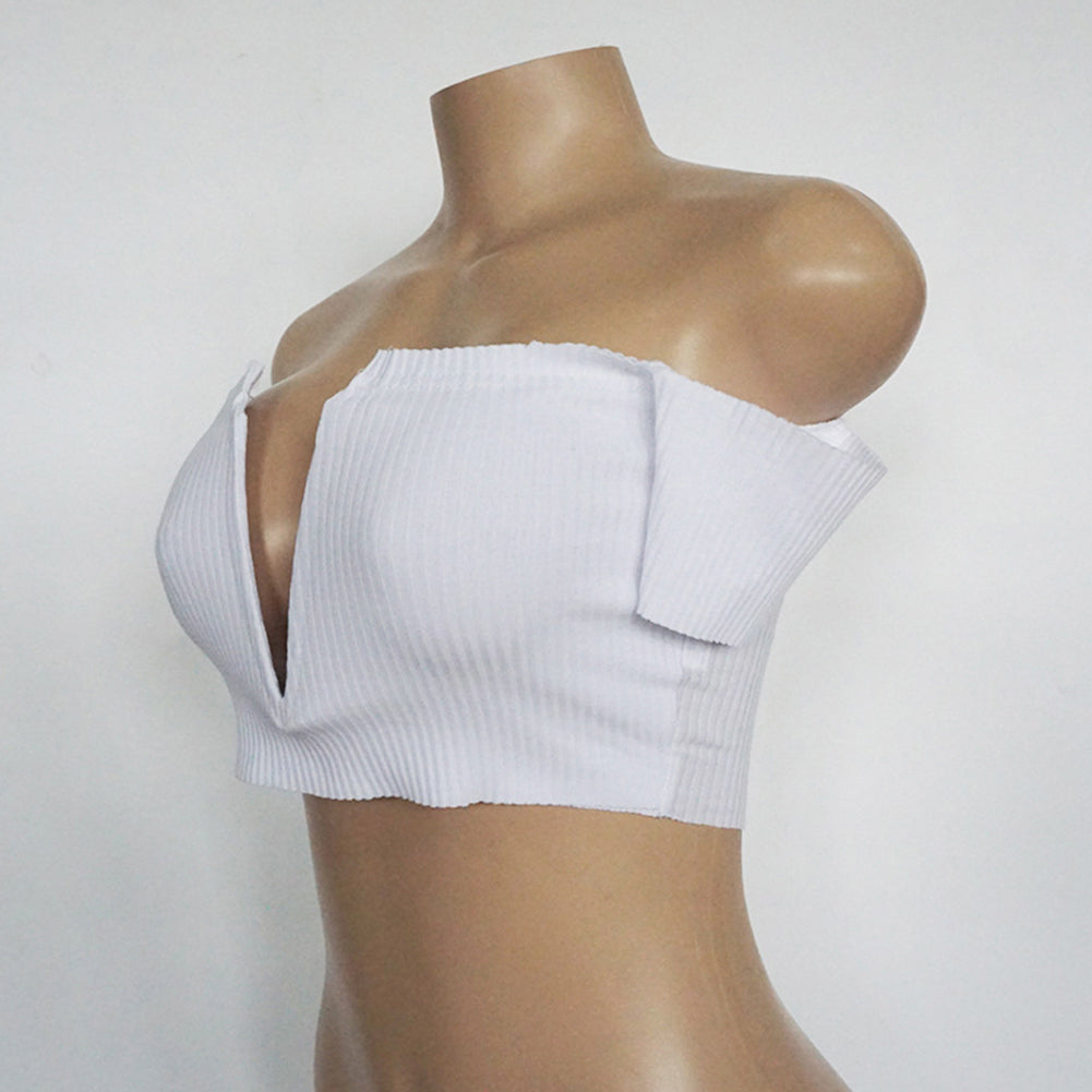 Sexy Off Shoulder Deep V-Neck Solid Color Slim Short Sleeve Club Lady Crop Top