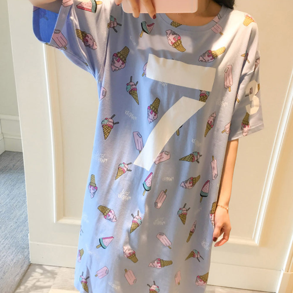 Women Cotton Short Sleeve O Neck Ice Cream Pattern Night Dress Night Sleepwear