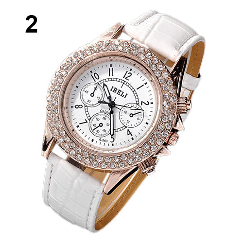 Women Shiny Rhinestone Decorated Bezel Analog Quartz Faux Leather Wrist Watch