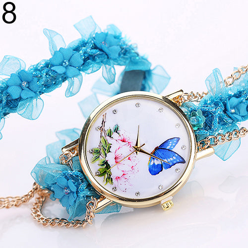Lady Analog Golden Tone Case Flowers Butterfly Rhinestone Lace Alloy Chain Watch