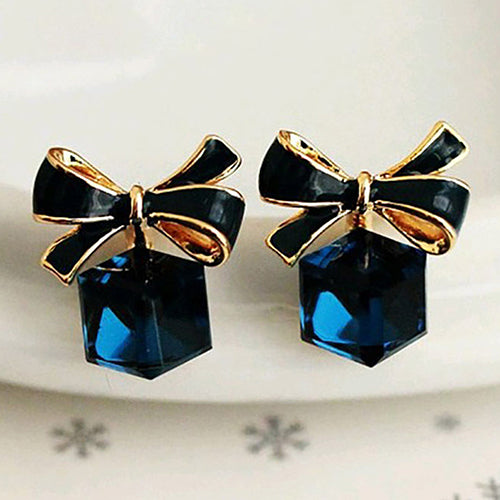 1 Pair Women's Fashion Cute Bowknot Cube Crystal Rhinestone Ear Studs Earrings