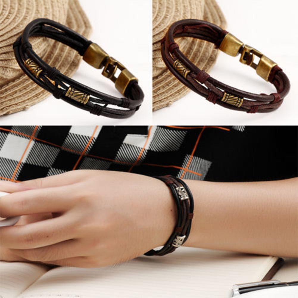 Men Vintage Braided Faux Leather Stainless Steel Cuff Bangle Bracelet Wristband