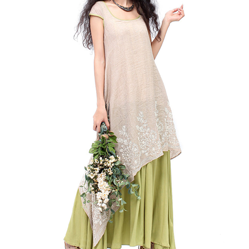 Women Fashion Cotton Linen Embroidery Irregular Fake Two Pieces Long Shirt Dress