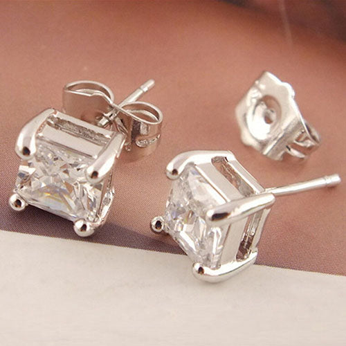 Fashion Women 925 Sterling Silver Clear Square Cubic Zirconia Ear Studs Earrings