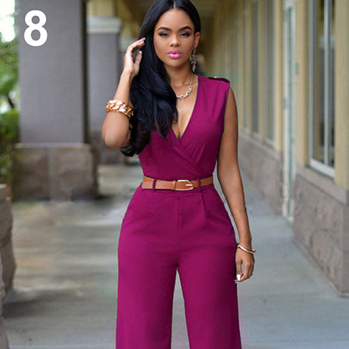 Women Sleeveless V-Neck High Waist Wide Leg Romper Pants Jumpsuit with Belt