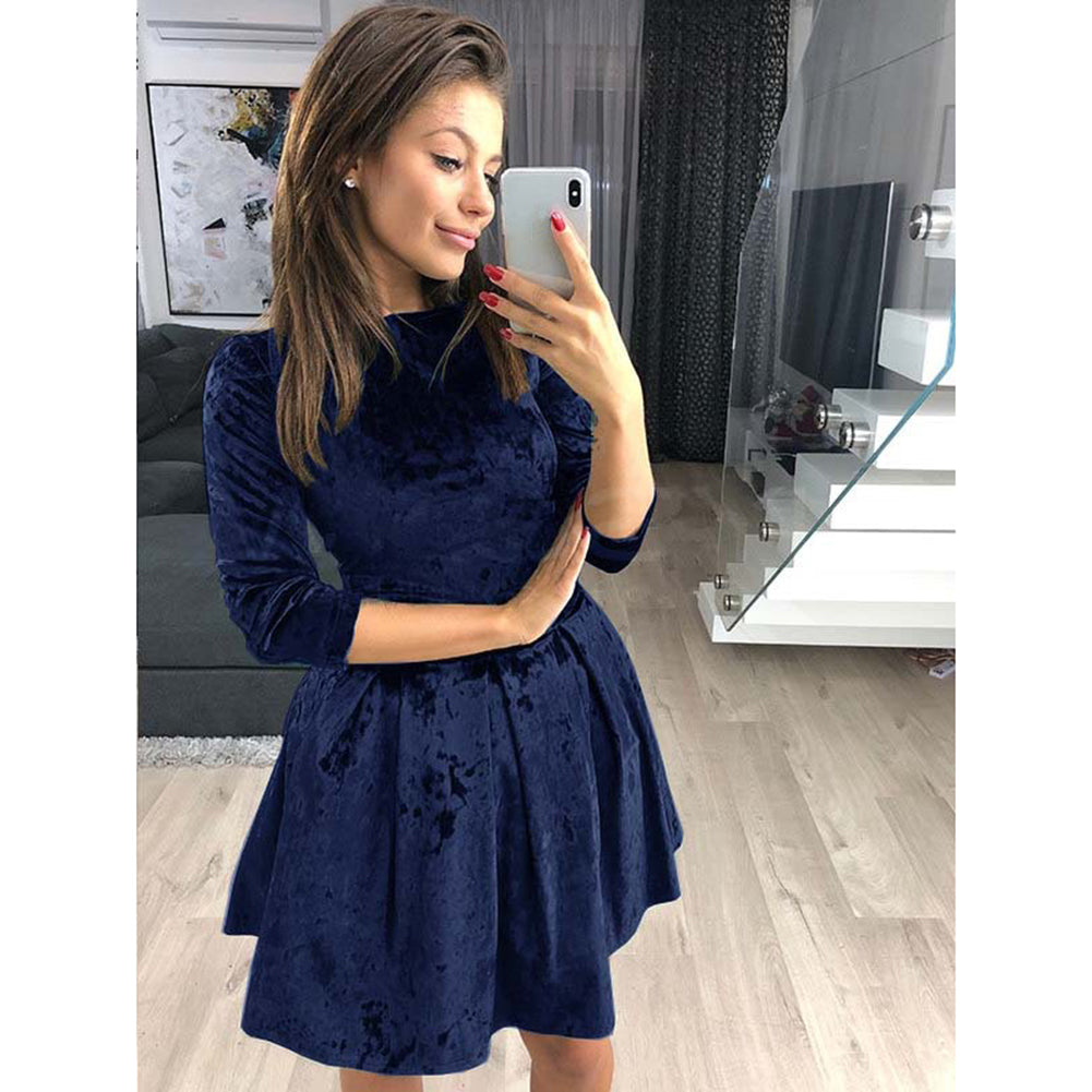 Winter Three-quarter Sleeve Evening Party Solid Color Crushed Velour Mini Dress