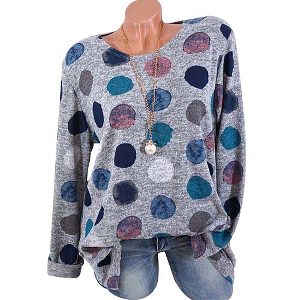 Fashion Dot Printed Round Neck Long Sleeve Women Casual Pullover T-shirt Top