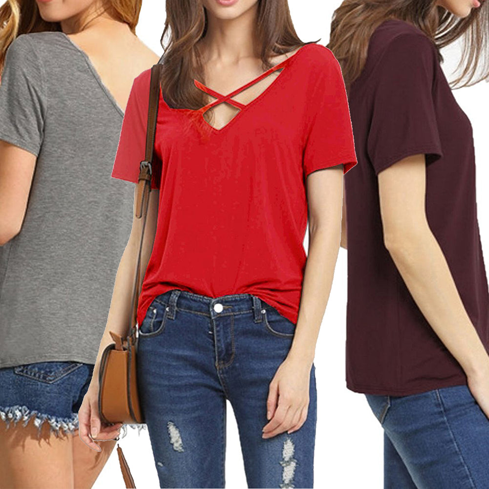Fashion Women Deep V-neck Crossed Strap Short Sleeve T-shirt Casual Tee Shirt