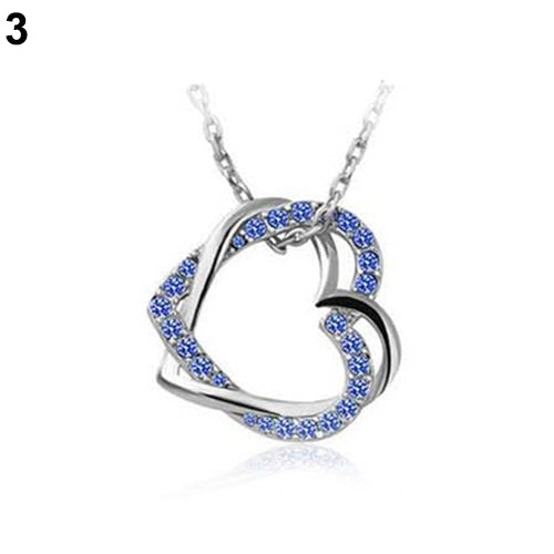 Women's Fashion Silver Plated Double Hearts Rhinestone Pendant Long Necklace