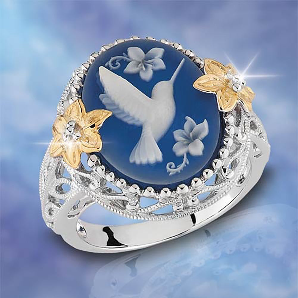 White Bird Pigeon Dove Blue Wax Rhinestone Flower Jewelry Women Finger Ring Gift