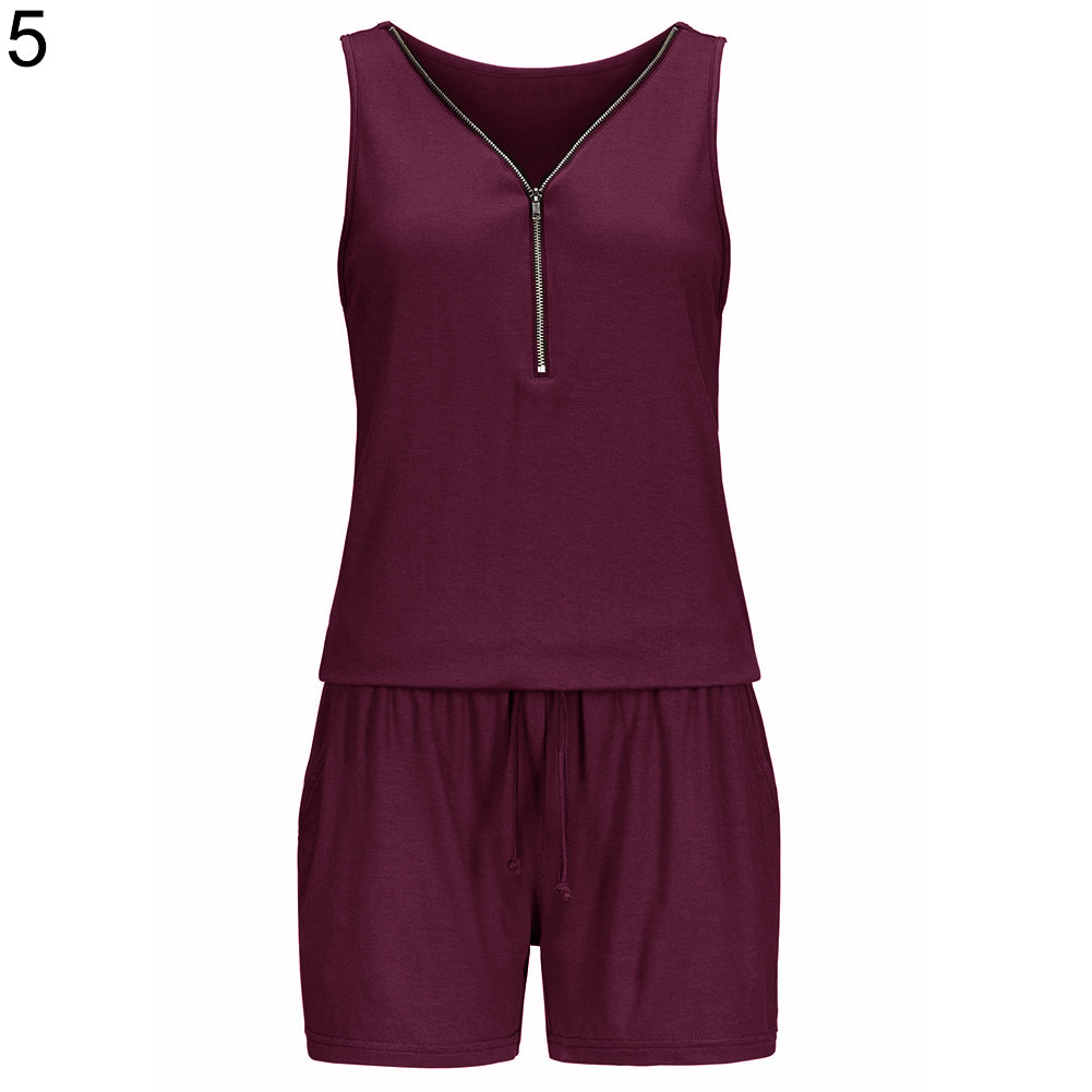Sexy Women Beach Zipper V-Neck Sleeveless Slim Jumpsuit Romper Playsuit Shorts