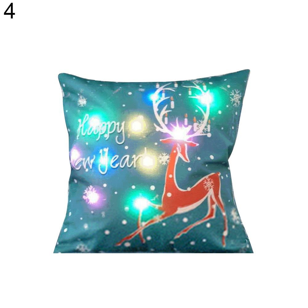 Deer Christmas Pillow Case LED Lighting Linen Cushion Cover Sofa Home Decor