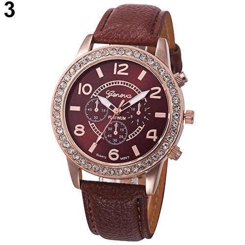 Fashion Women Geneva Rhinestone Big Dial Faux Leather Analog Wrist Watch Gifts