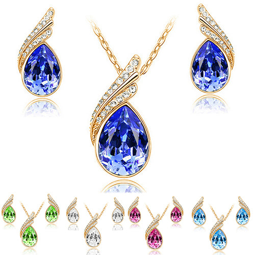 Women's Party Banquet Waterdrop Jewelry Set Crystal Pendant Necklace Earrings Golden Tone