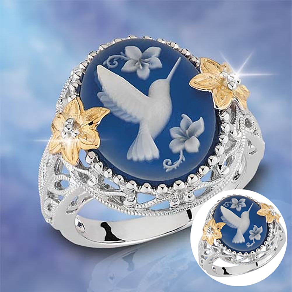 White Bird Pigeon Dove Blue Wax Rhinestone Flower Jewelry Women Finger Ring Gift