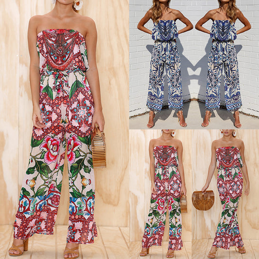 Women Summer Fashion Flower Strapless Jumpsuit Long Wide Leg Romper Pants