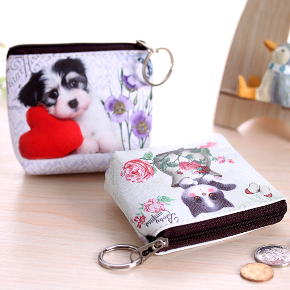 Women Girl Cute Dog Cat Faux Leather Clutch Short Coin Purse Zipper Wallet Gift