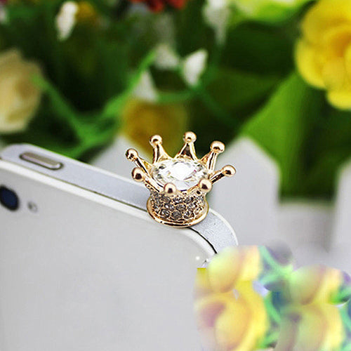 Fashion Sparkling Rhinestone Cellphone Phones 3.5mm Crown Design Anti-dust Plug