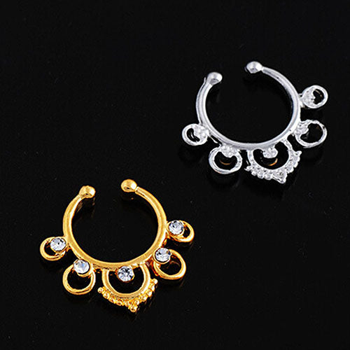 Crown Hollow Nose Ring Rhinestone Non Piercing Hanger Clip On Hoop Body Jewelry