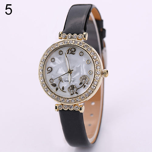 Women's Flower Rhinestone Watch Fine Faux Leather Strap Quartz Gift Wristwatch