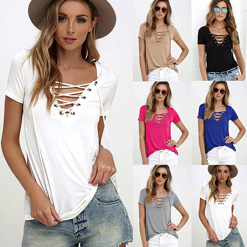 Women Summer Plus Size Sexy Top casual Strappy V-Neck Tees Fashion T-Shirt