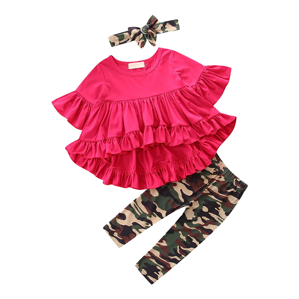 Summer Ruffle Top Blouse Camouflage Leggings Bowknot Headwear Baby Girl Outfit