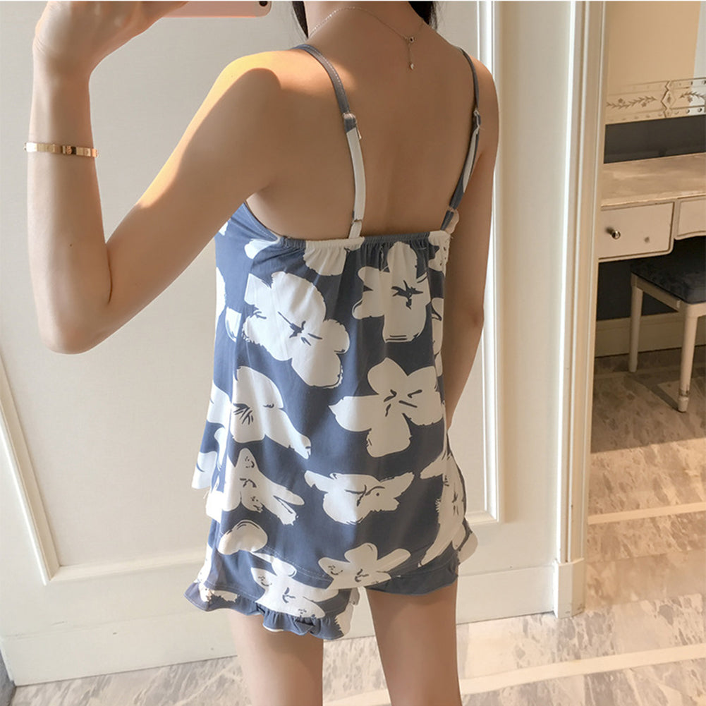 Fashion Lovely Flower Floral Sleeveless Top Shorts Women Sleepwear Pajamas Set