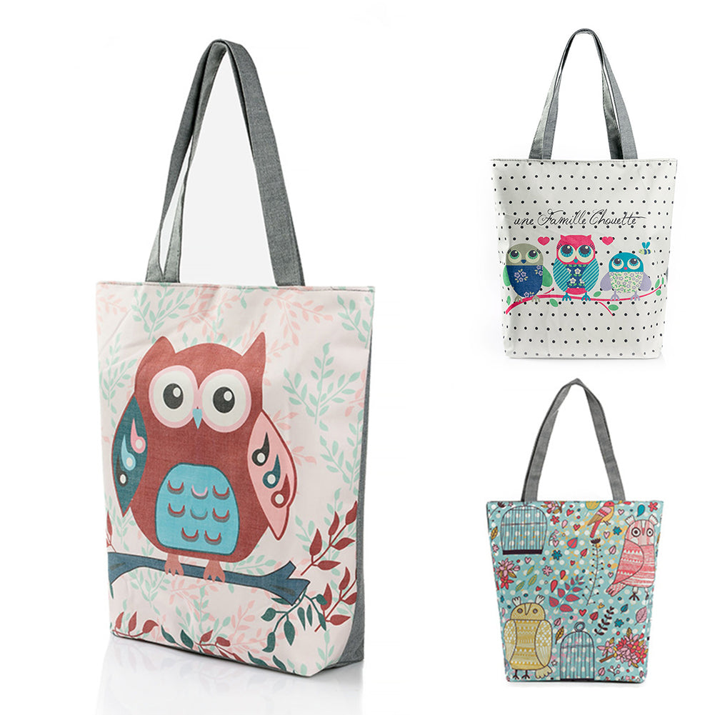 Cute Owl Floral Printed Canvas Tote Bag Women Casual Large Capacity Handbags