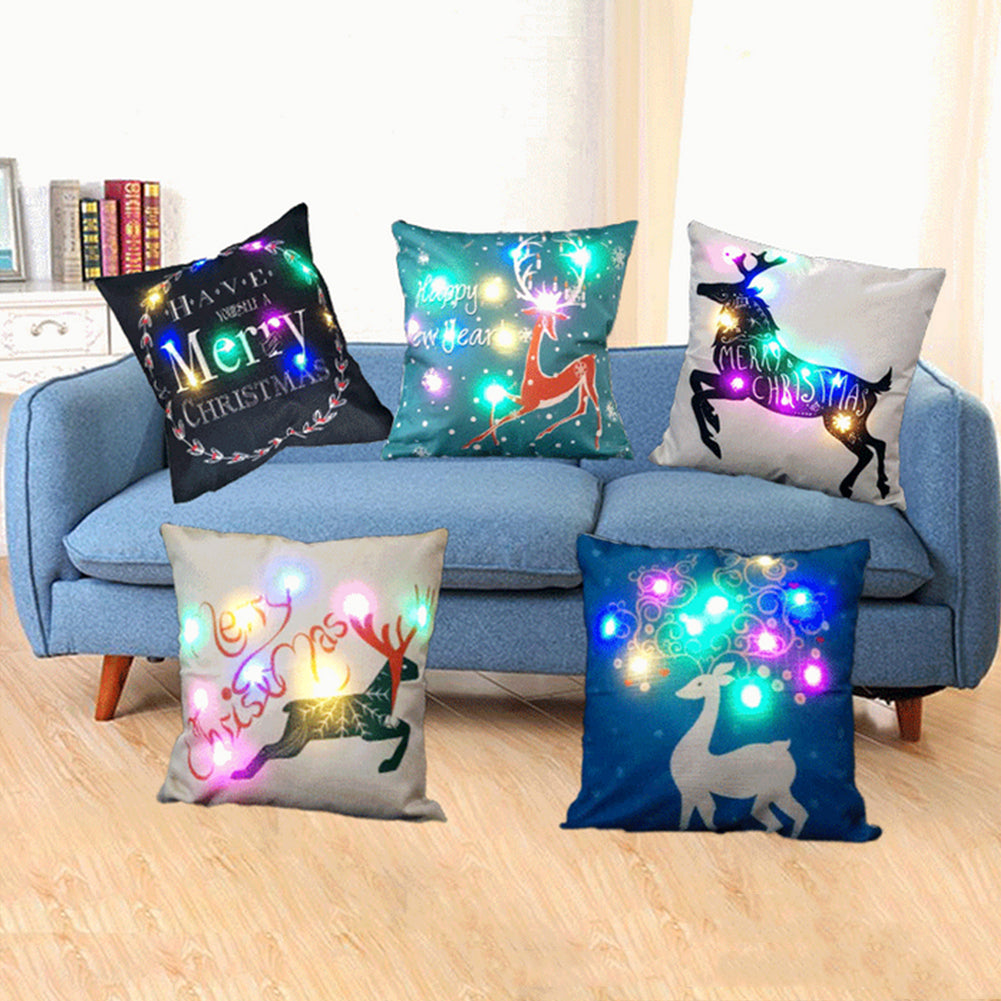 Deer Christmas Pillow Case LED Lighting Linen Cushion Cover Sofa Home Decor