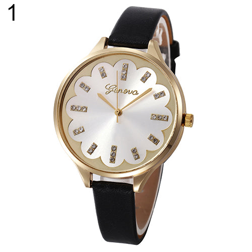 Hot Women Flower Dial Rhinestone Geneva Wristwatch Slim Faux Leather Band Watch