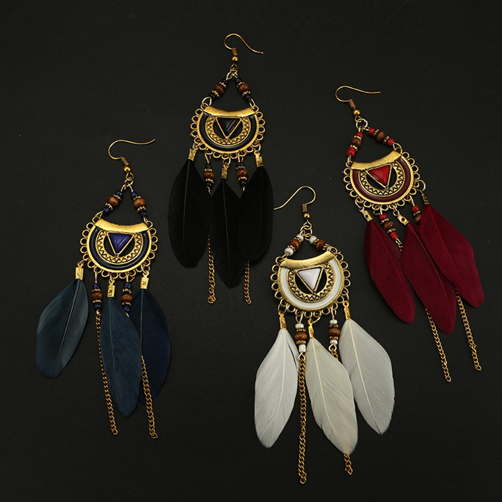 Women Retro Ethnic Hollow Feather Tassel Hook Earring Chain Bead Jewelry Gift