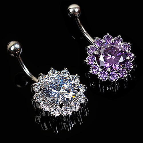 Women's Crystal Rhinestone Flower Navel Belly Button Ring Bar Body Piercing