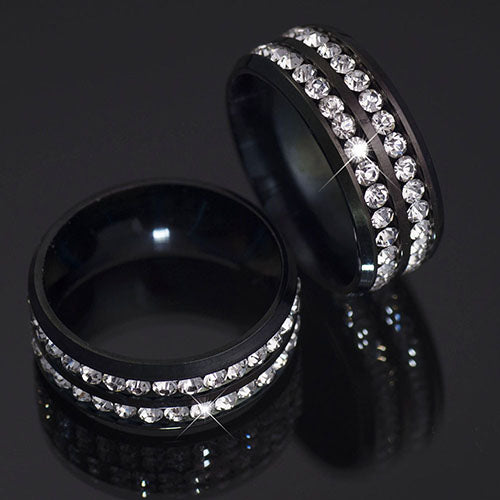 Womens Mens Fashion Double Rows Rhinestones Titanium Steel Wedding Jewelry Ring