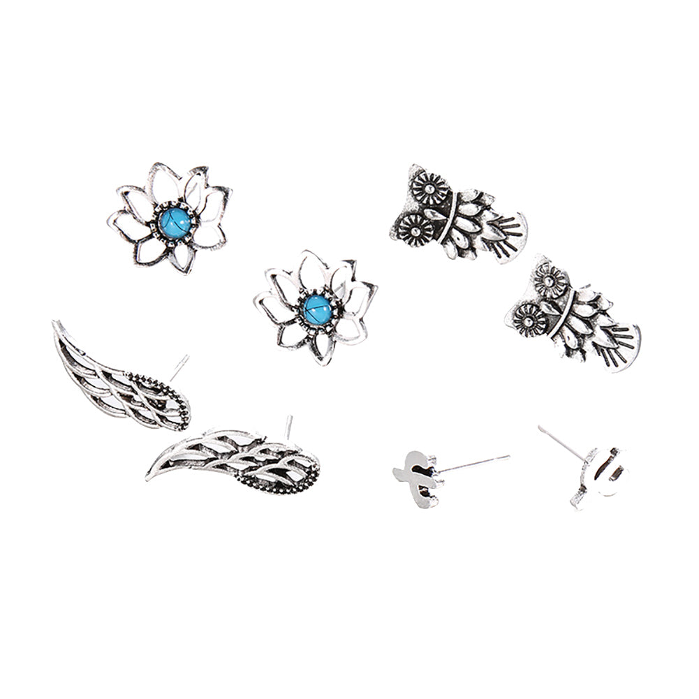 4 Pairs Vintage Hollow Owl Flower Cactus Ear Stud Earrings Women Girl Jewelry