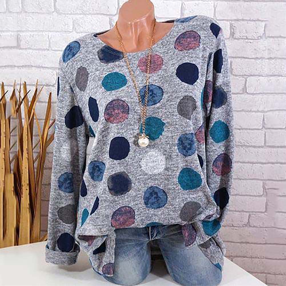 Fashion Dot Printed Round Neck Long Sleeve Women Casual Pullover T-shirt Top