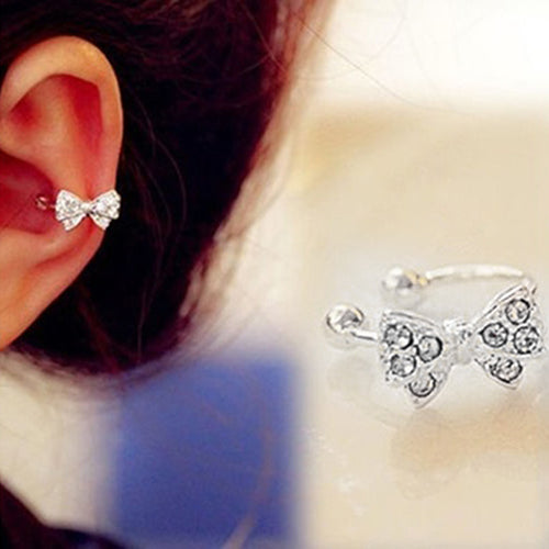 Women's Fashion Crystal Rhinestone Bowknot Bow Ear Bone Clip Earrings Jewelry