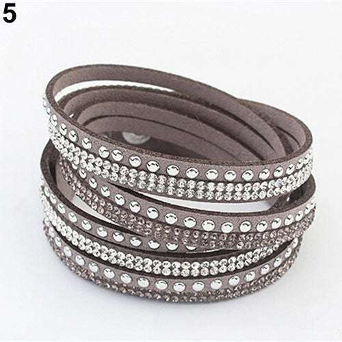 Women's Multilayer Faux Leather Punk Rhinestone Cuff Bracelet Bangle Wristband