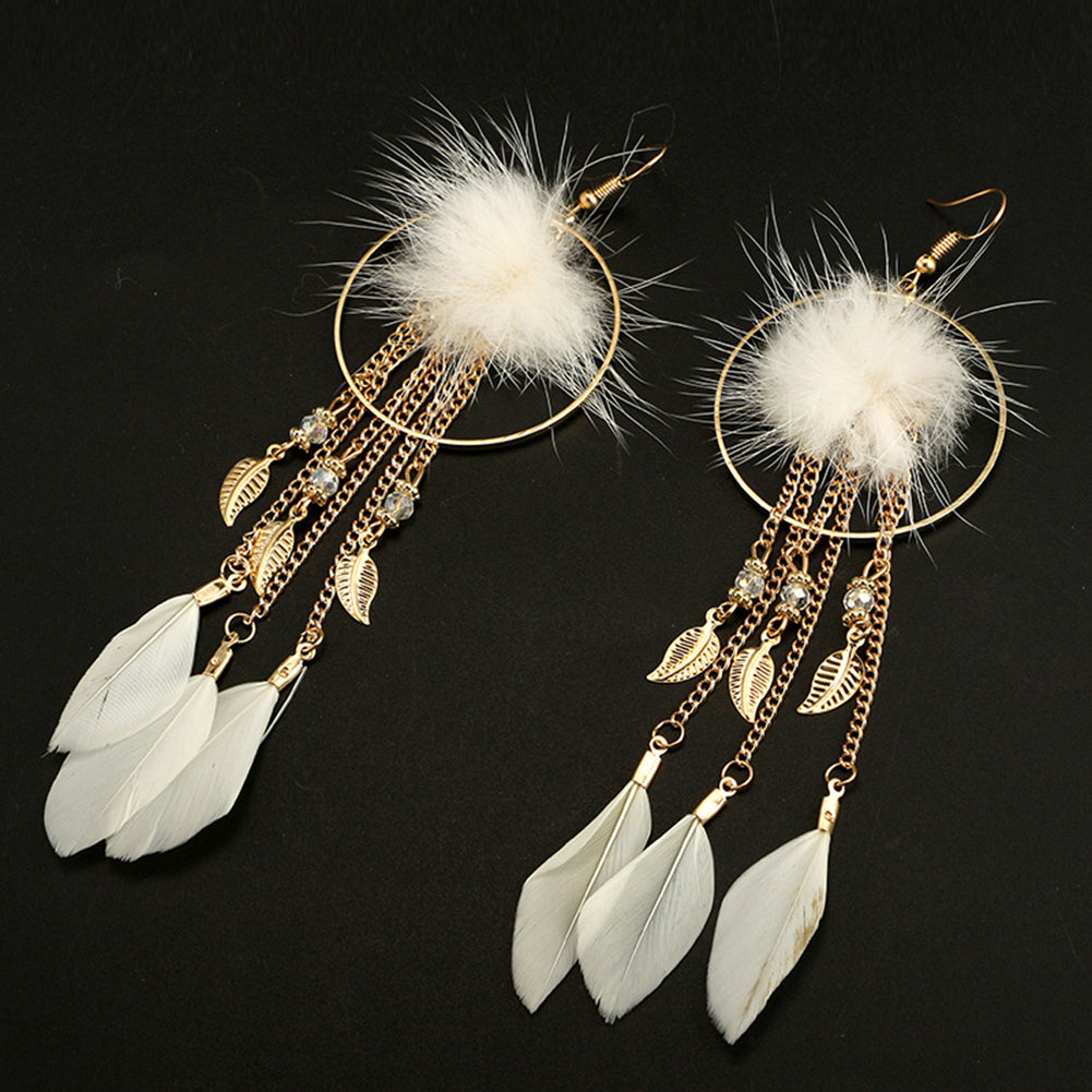 Women Hook Earrings Fur Ball Leaf Fringed Big Ring Long Pendant Feather Jewelry