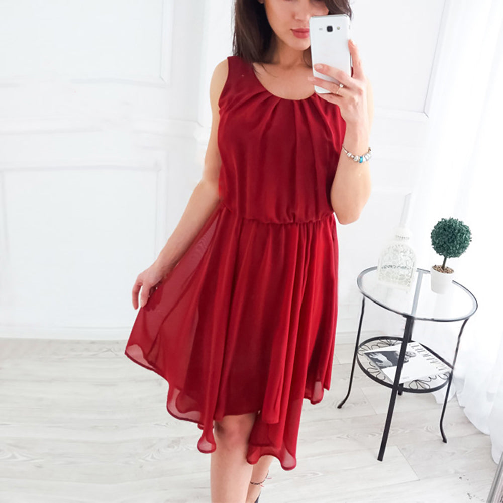 Summer Fashion Women Sleeveless Solid Color Irregular Hem Chiffon Casual Dress