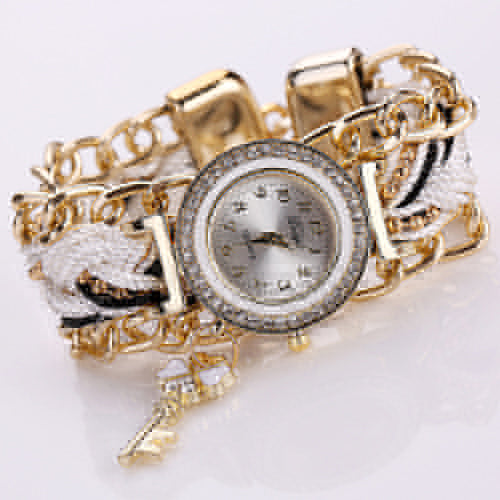 Women's Fashion Rhinestone Clover Key Pendant Braided String Chain Wrist Watch