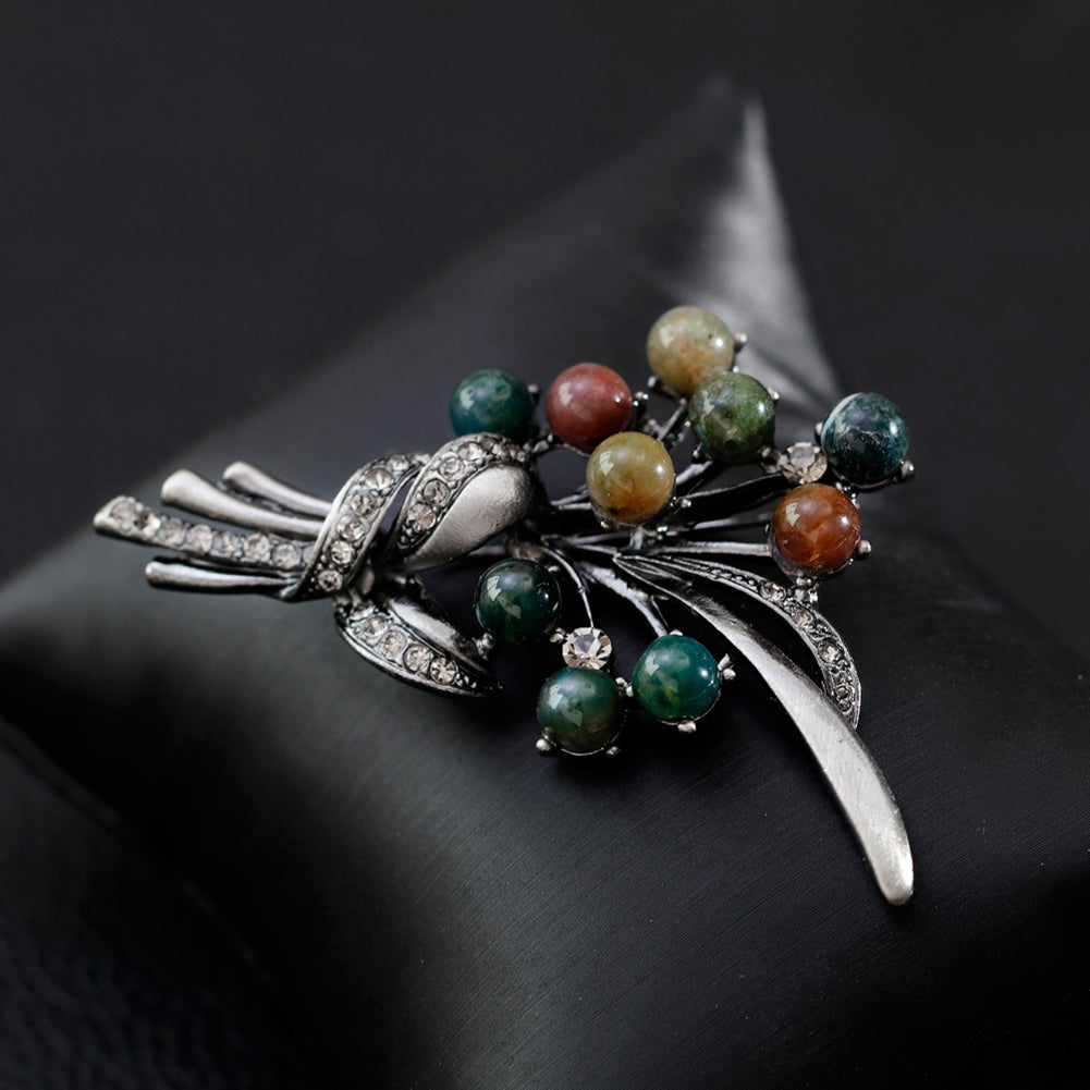 Round Stone Bead Shiny Rhinestone Flower Bouquet Style Women Brooch Pin Jewelry