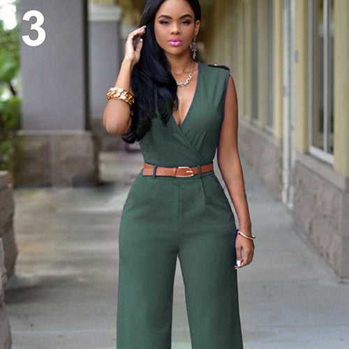 Women Fashion Elegant Jumpsuit Sexy V-neck Wide Leg Slim Casual Overalls with Belt