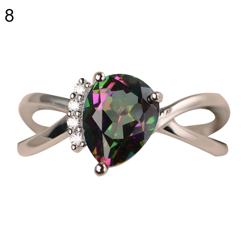 Fashion Women Drop Pear Faux Gem Rhinestone Inlaid Slim Band Party Ring Jewelry