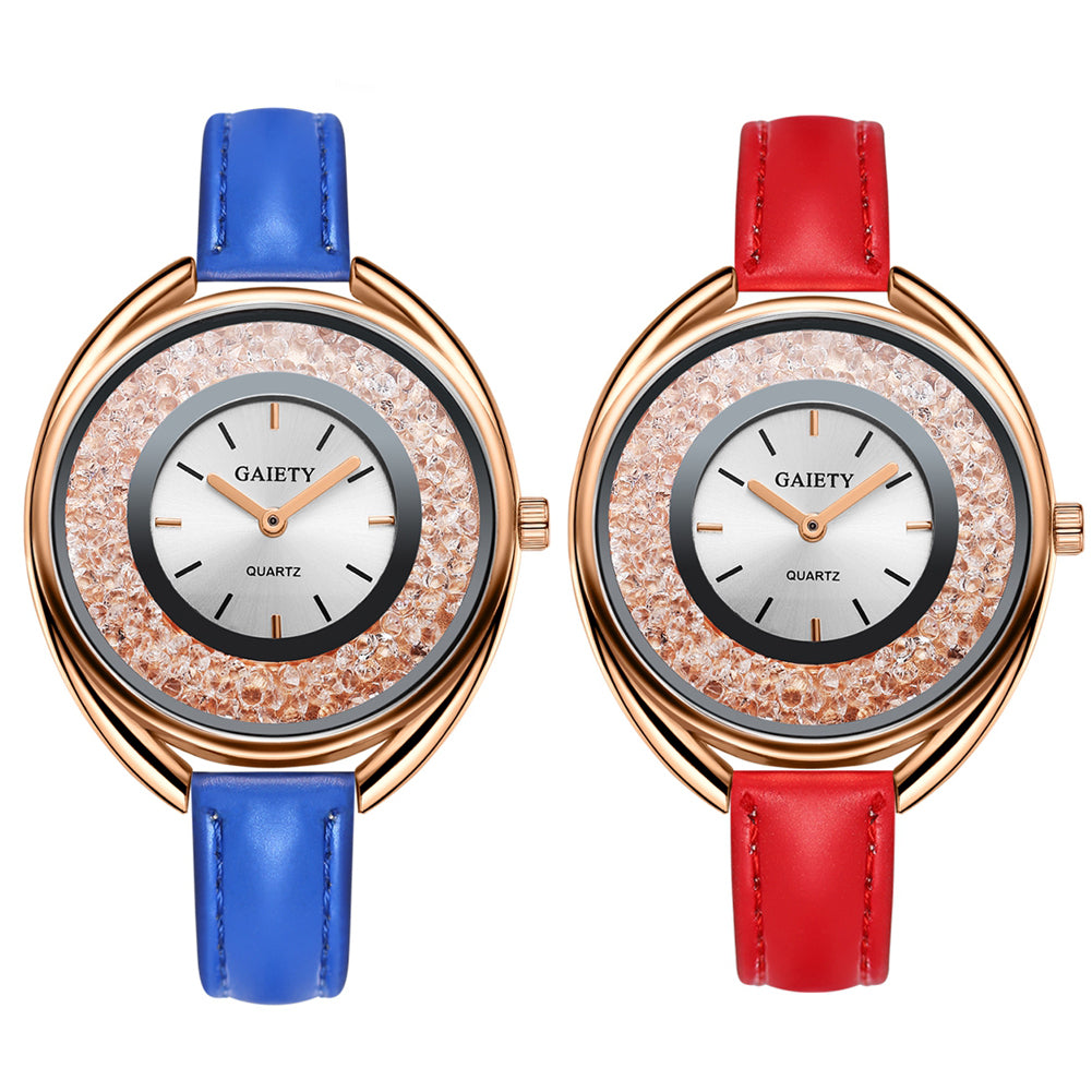 Luxury Dazzling Rhinestone Faux Leather Quartz Analog Watch Women Wristwatch