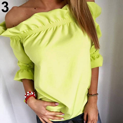 Women's Fashion Sexy Off Shoulder Ruffled Strapless Loose T-Shirt Blouse Top