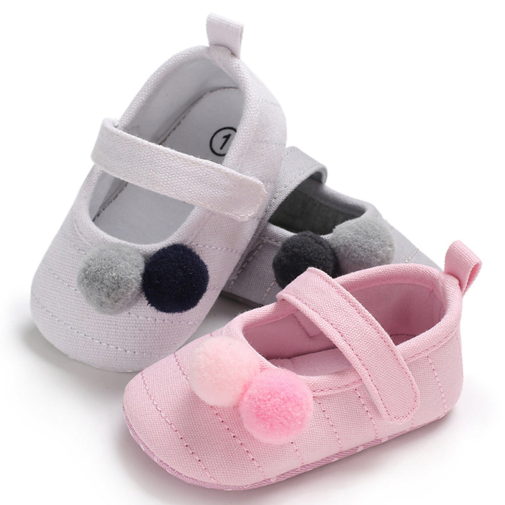 Cute Pompom Solid Color Toddler Baby Girl Prewalker Anti-slip Princess Shoes