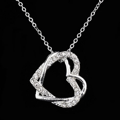 Women's Fashion Silver Plated Double Hearts Rhinestone Pendant Long Necklace